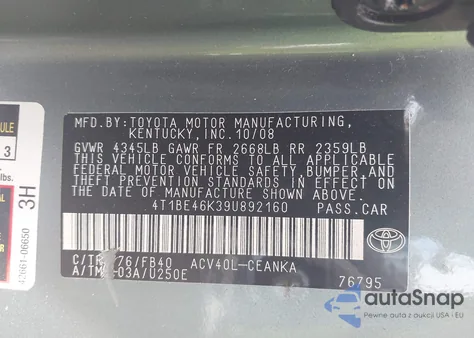 2009 Toyota Camry Le z USA, uszkodzony, nr VIN 4T1BE46K39U892160